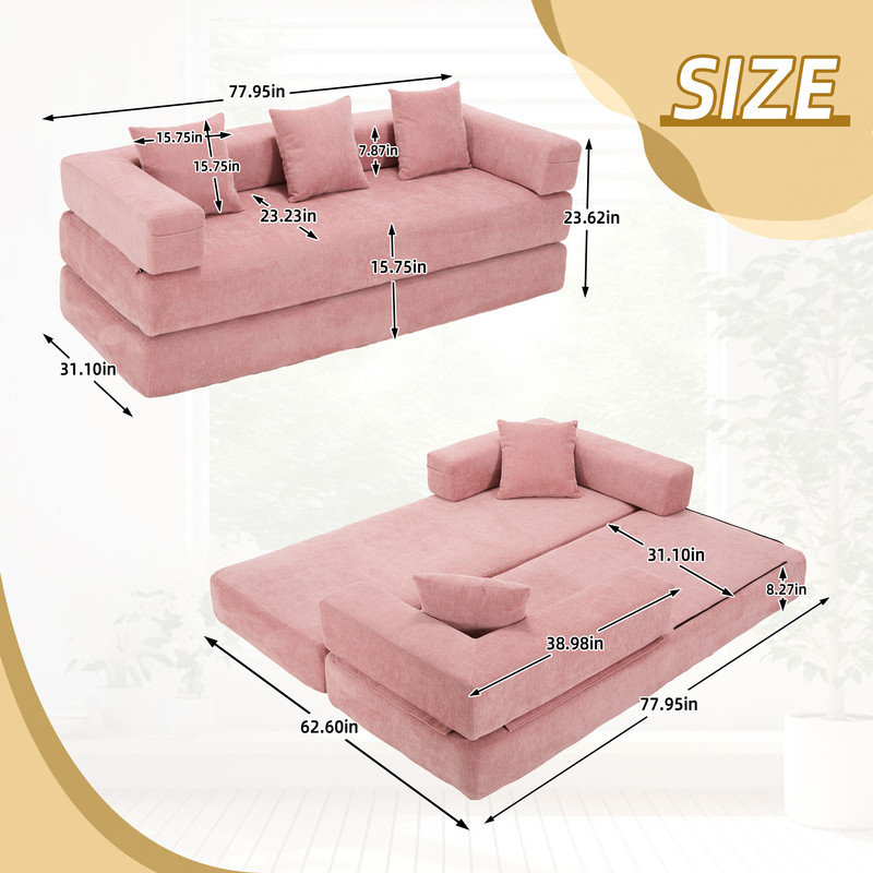 Canapé-lit convertible moderne 6-en-1 avec coussins, Chenille rose