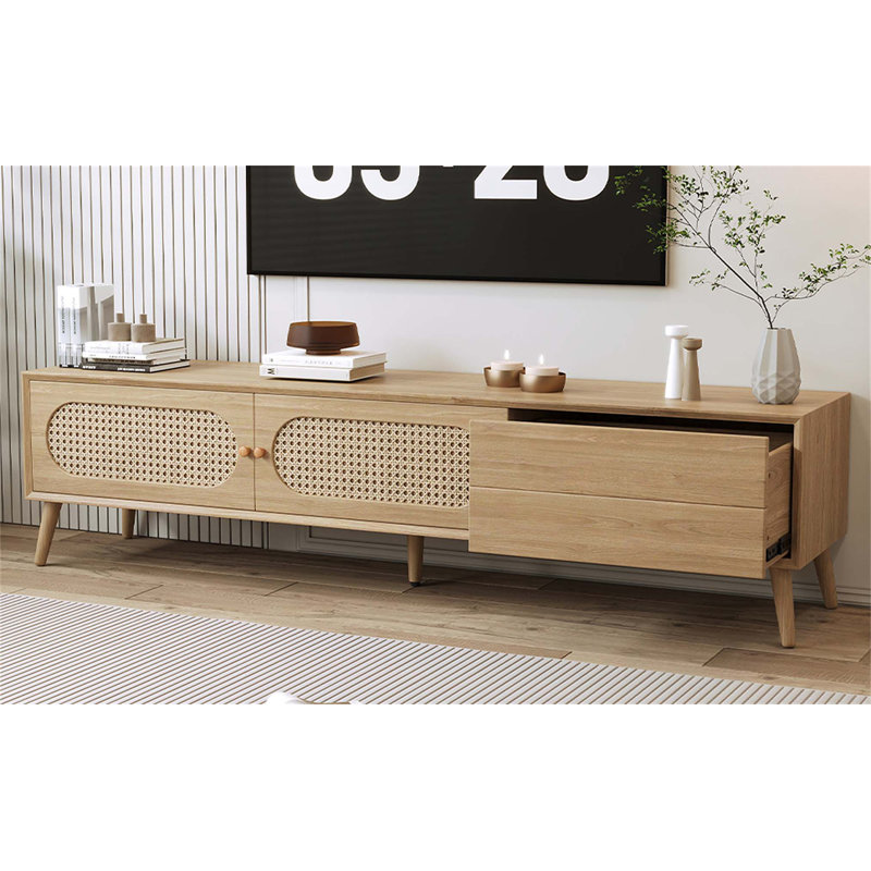 Versatile Modern Farmhouse TV Stand with Solid Wood Legs and Abundant Storage, Perfect for Organizing and Displaying Entertainment Essentials.
