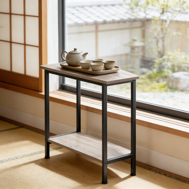 Industrial Wedge Side Table With Storage, Triangle Accent Table For Small Spaces, Corner Table For Living Room, Apartment, Recliner