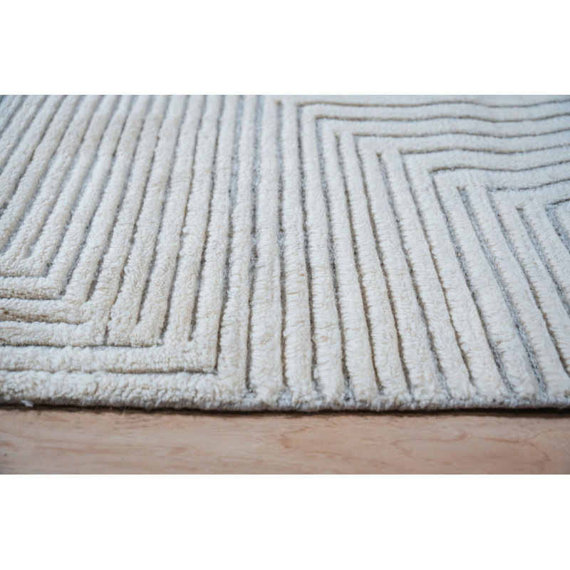 Ivory Hand-Knotted Wool Linear Maze Geometric Modern Contemporary Carpet Rug, 6' x 9'