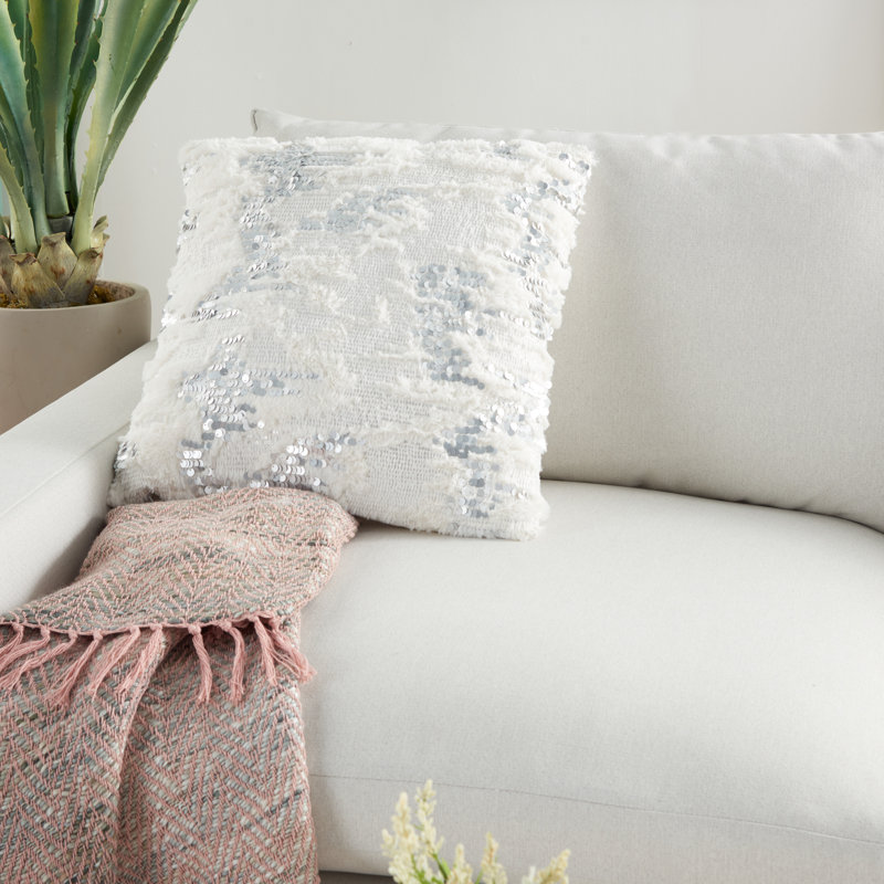 White Faux Fur and Sequins 20" x 20" Throw Pillow