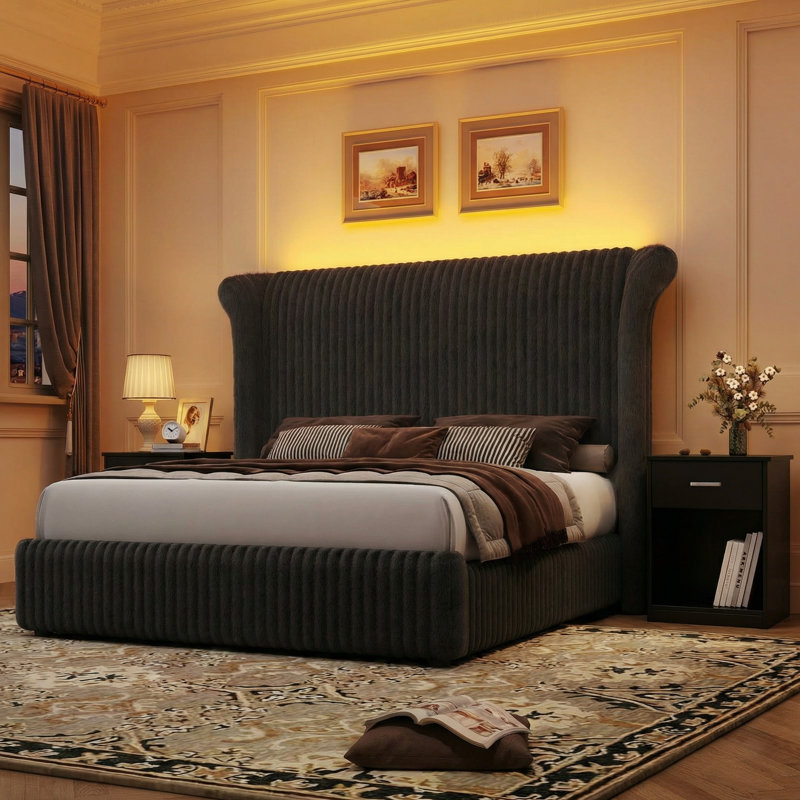 3-piece Bedroom Set, Upholstered Bed Frame With 55" Tall Headboard and 2 Nightstands with Drawers, Black, King