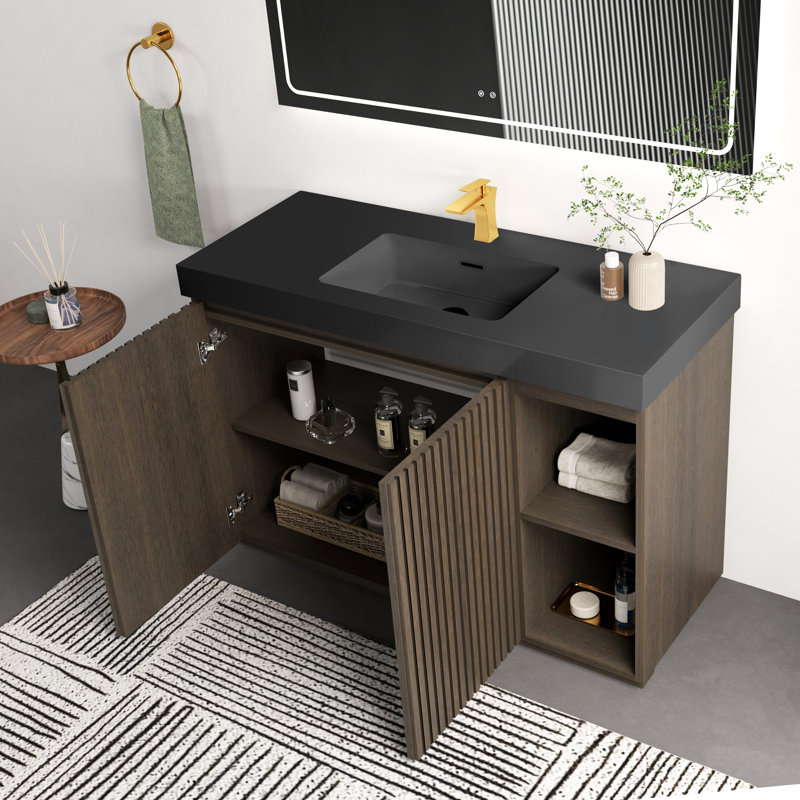 Meuble-lavabo de salle de bain moderne avec lavabo autoportant en chêne fumé de style moderne 48 po