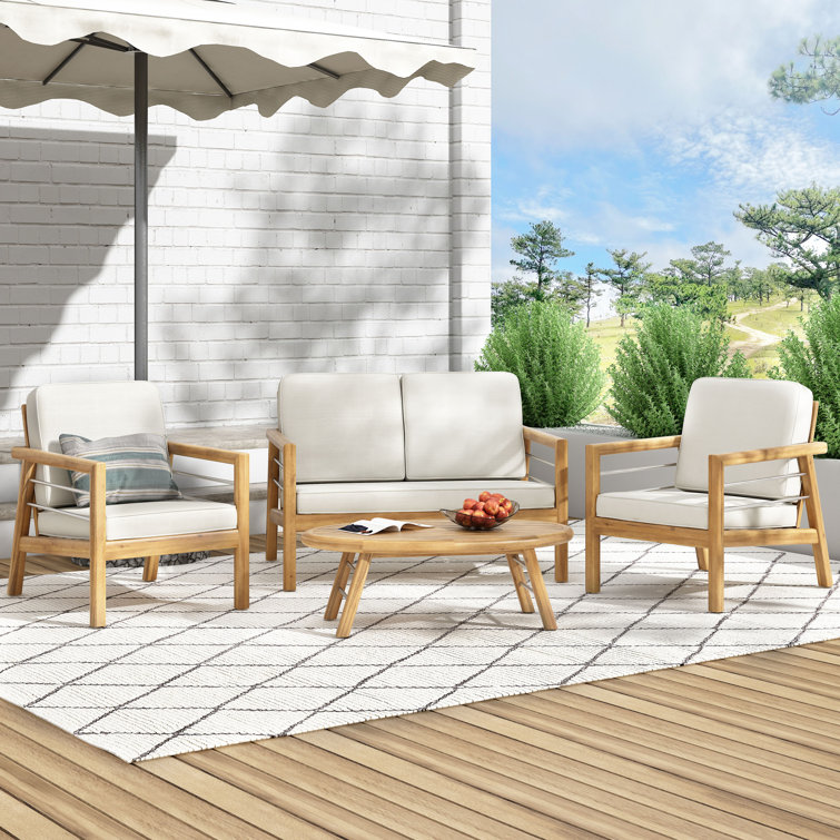 Satterlee Outdoor Outdoor Acacia Wood 4 Seater Chat Set With Cushions, (INCOMPLETE, Only 1 Chair) 