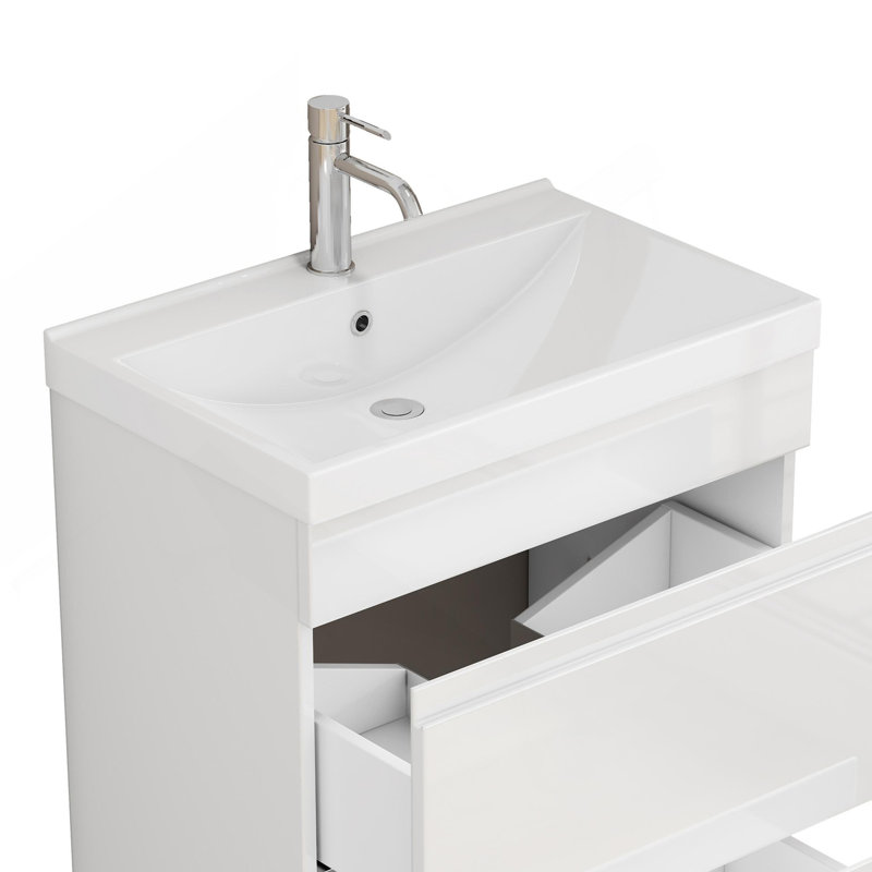Comptoir de meuble-lavabo de salle de bain 24 po, lavabo en céramique, lavabo en céramique épaissie de 2,6 po, sans robinet ni drain, blanc brillant