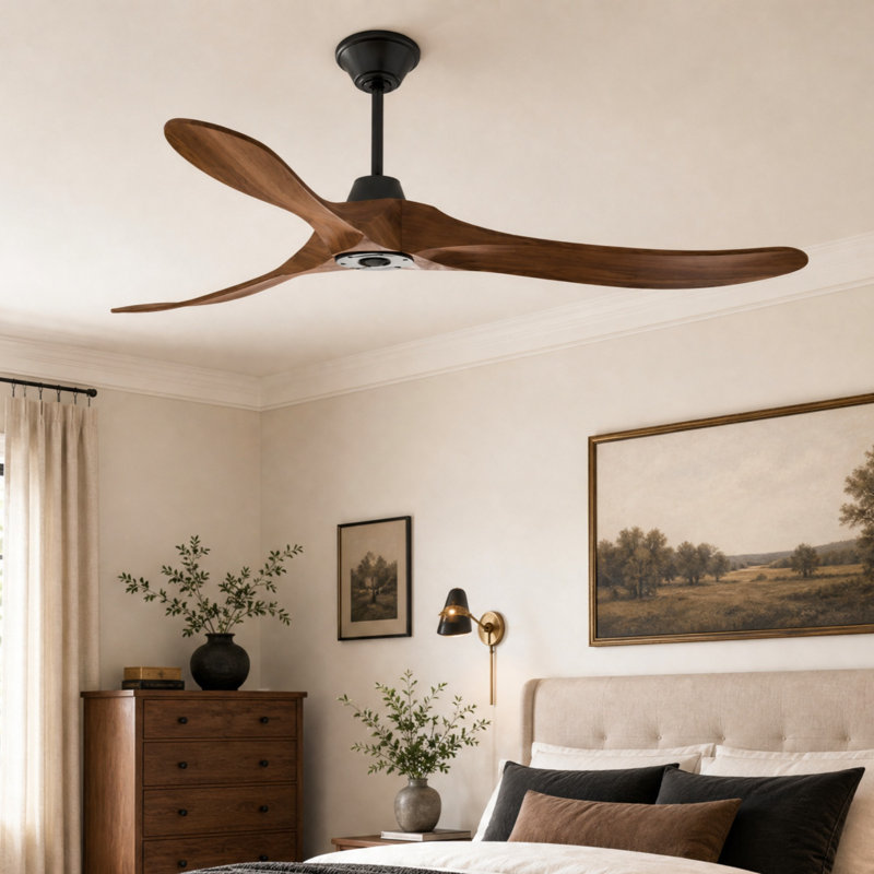 Ventilateur de plafond en bois massif 59,8 po à 3 pales avec moteur à courant continu réversible à 6 vitesses