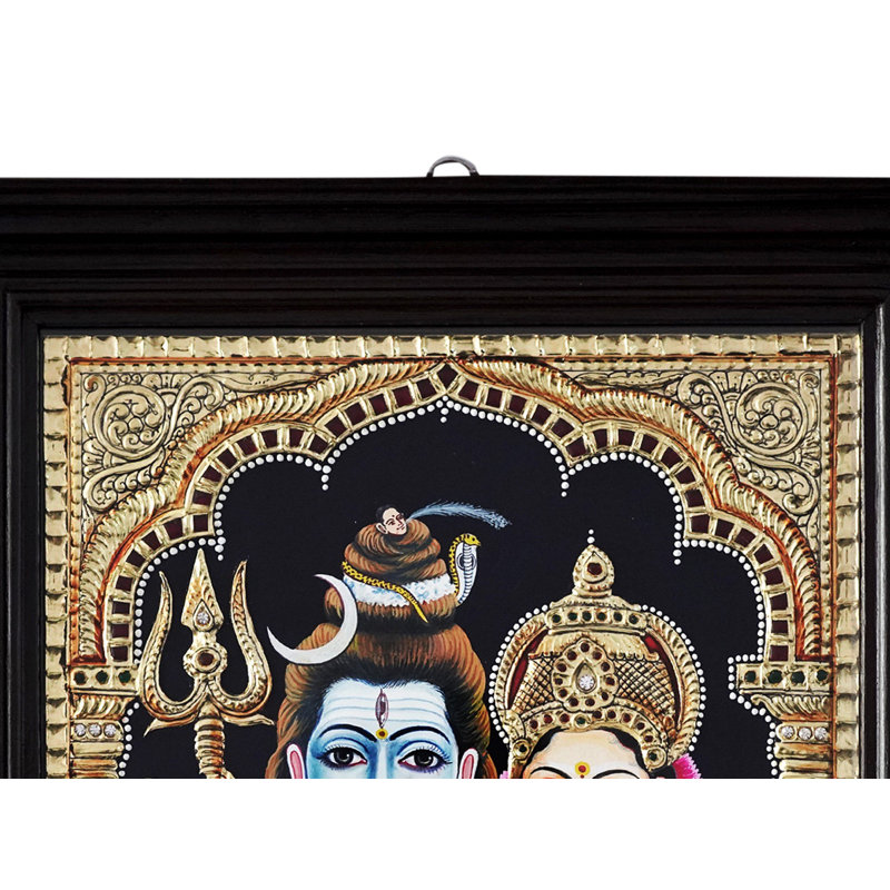 Shiva Parvati donne des bénédictions | Peinture avec cadre Tanjore | Couleur traditionnelle avec or 24 carats