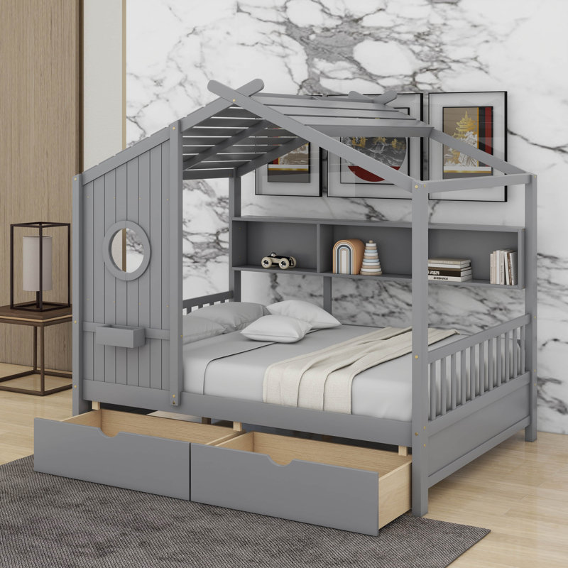 Lit en bois avec tiroirs, Lit simple, Gris