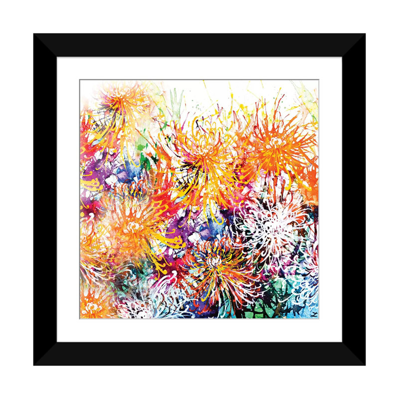 «Sunny Chrysanthemums», reproduction sur toile, H 16 po x l 16 po x P 1 po, Papier d'art encadré noir, Blanc