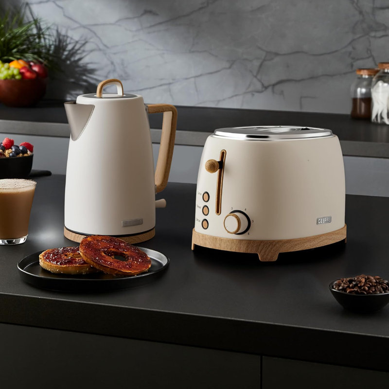GEEPAS NordiQ 2 Slice Toaster & 1.7L Electric Kettle Combo Set | Matte Finish with Wood Accents | 850W 6 Browning Levels Defrost Reheat & Cancel | 3000W Rapid Boil Cordless Jug Kettle
