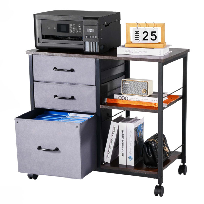 Mobile Metal File Cabinet With 3 Fabric Drawers And 2 Open Shelves,  For Organized And Efficient Office Spaces, Brown/Gray