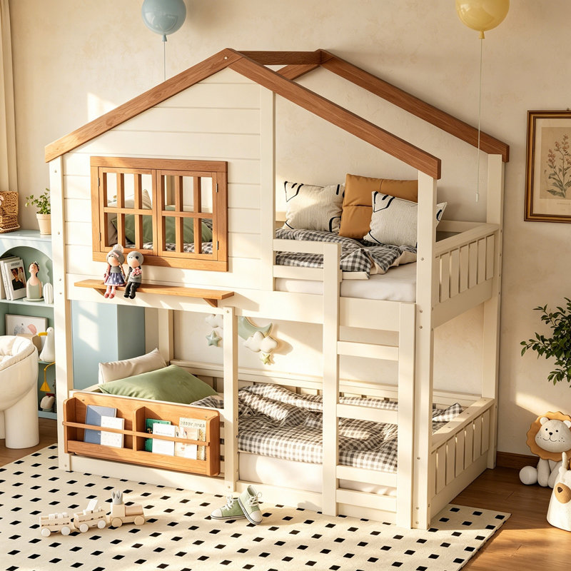Lit superposé en pin massif avec garde-corps et échelle, structure de lit pour enfant à double couche avec rangement intégré