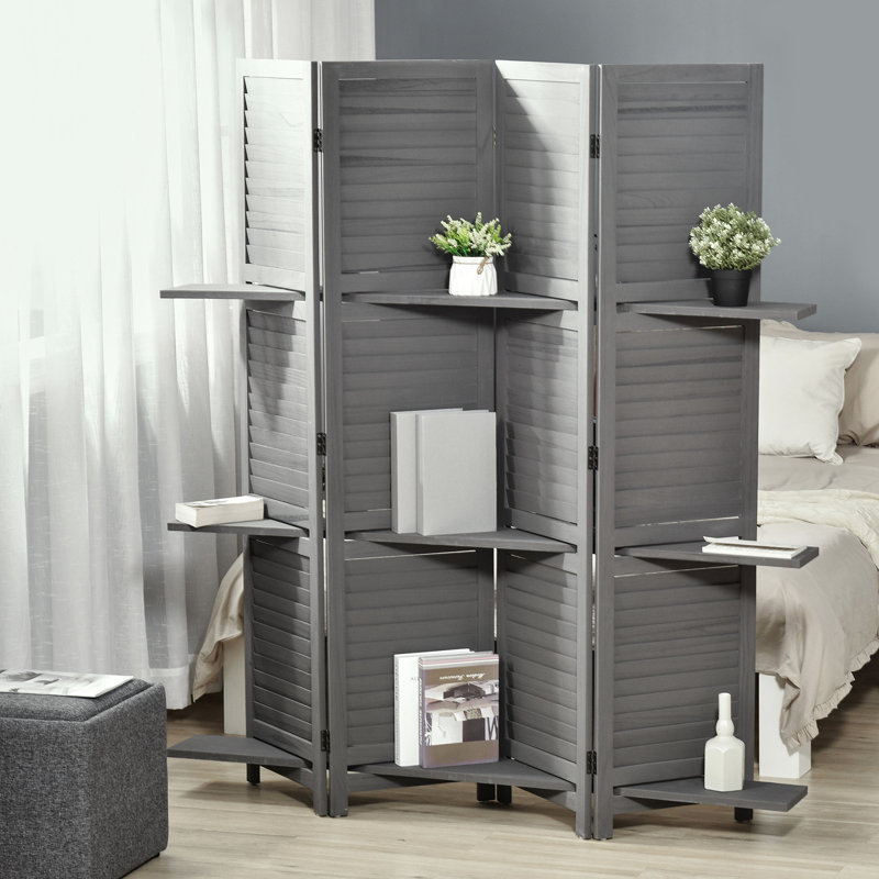 4 paravents d'intimité, gris 5,6 pi pour la chambre à coucher et le bureau, avec rangement, paravents en bois rustique, style tablettes
