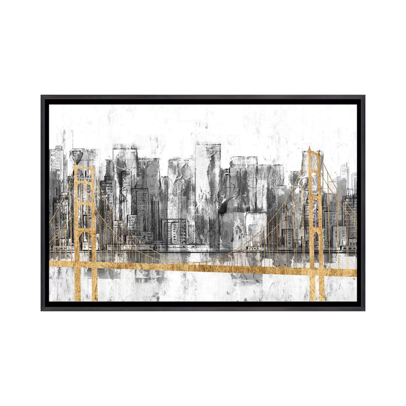 « Golden Bridge panorama » par Jennifer Goldberger-impression, Toile avec cadre noir patiné, H 18 po x l 26 po x P 1,5 po