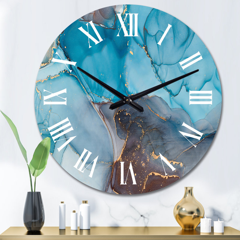 Horloge murale moderne bleue et grise, art abstrait fluide IV, Grand