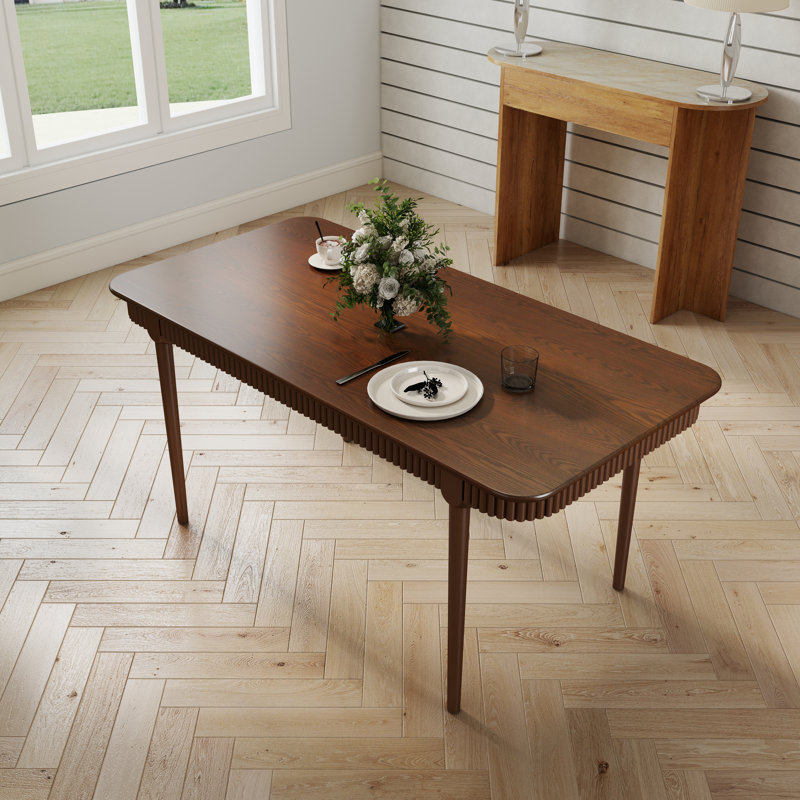 Solid Wood Farmhouse Dining Table - 63" Rectangular Table With Rounded Edges & Round Legs - Walnut Finish, Walnut