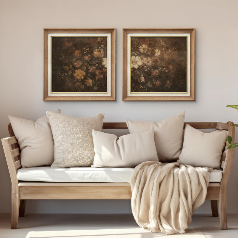 Reproduction d'art mural rétro encadré de 2 pièces, H 26 po x l 26 po, Cadre de galerie naturel