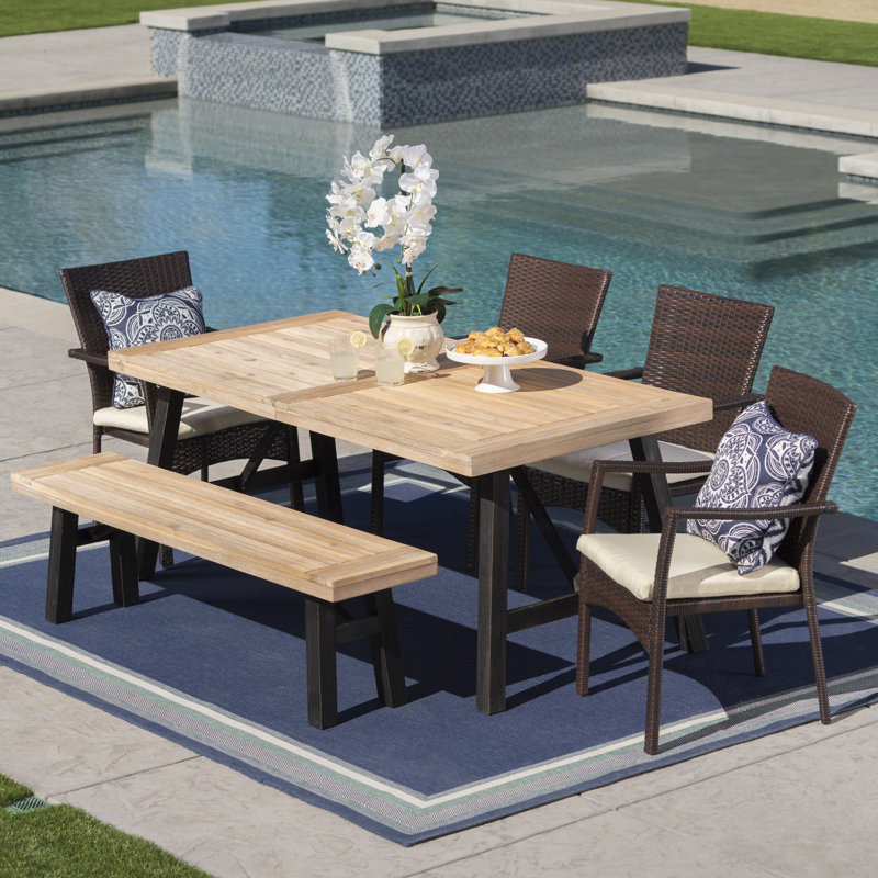 Polen 6 - Person Acacia Wicker Patio Dining Set with Rectangular Table