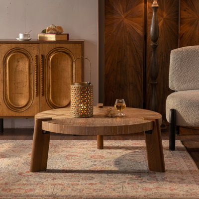 36.61" Round Herringbone Coffee Table - Solid Wood & Mdf Rustic Coffee Table With Tapered Legs