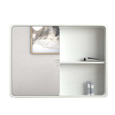  Armoire à pharmacie murale avec miroir coulissant l 32 po x H 24 po, entièrement assemblée, sans assemblage, PVC résistant à l'humidité, blanc