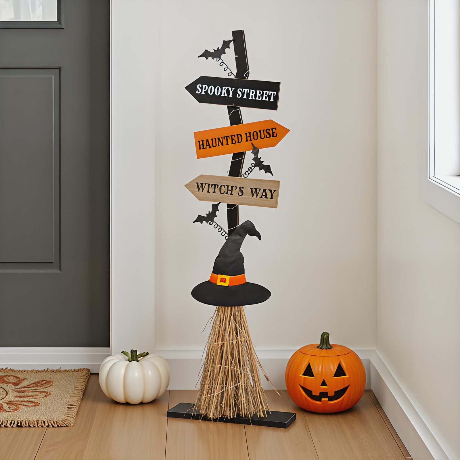 42"H Lighted Wooden Witch's Broom Porch Decor