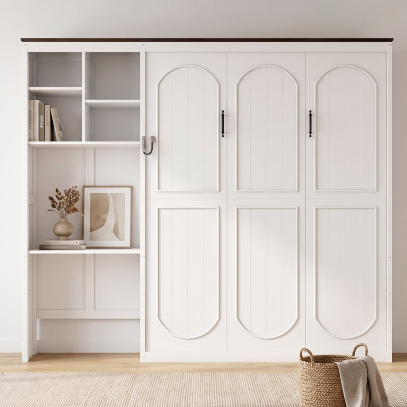 Grand lit escamotable avec bureau intégré et armoire de rangement multicouche, White
