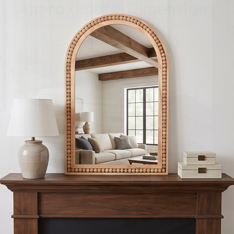 Miroir mural arqué avec cadre en bois massif perlé, décor de ferme rustique pour entrée, salle de bain et salon, Bois naturel