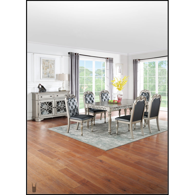 Traditional Formal Silver / Grey 7Pc Dining Set With Intricate Design, Tufted Back Cushions, And Durable Rubber Wood Construction