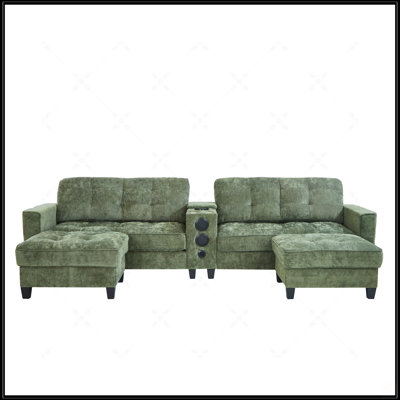 Modern U-Shaped Sectional Sofa With Movable Storage Ottomans, Multifunctional Console, Bluetooth Speakers, And LED Lights For Living Room Comfort And Entertainment