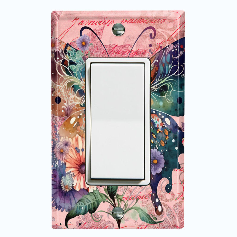 Metal Light Switch Plate Outlet Cover (Colourful Butterfly Flowers Damask Pink - Single Rocker)