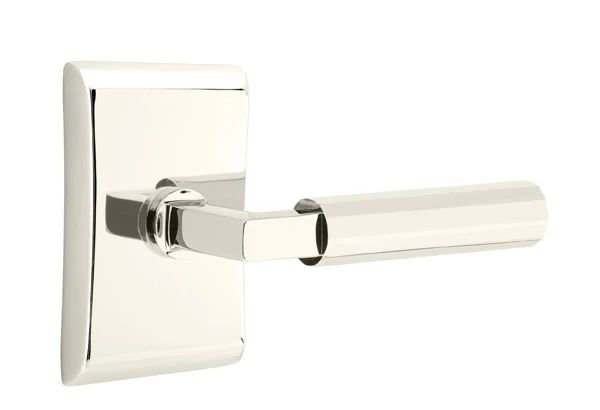 Mortaise intérieure Emtek Select avec rosette Neos et tige carrée en L, levier à facettes, Nickel poli, Oui