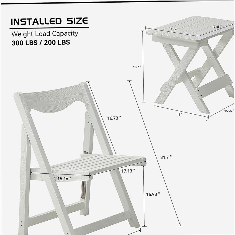 HIPS Foldable Small Table and Chair Set with 2 Chairs and Rectangular Table  White
