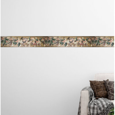 Bordure de papier peint autocollant Jendri - motif floral vert, beige, rose, or, feuilles, bordure rétro, 15 pi X 7 po, auto-adhésif