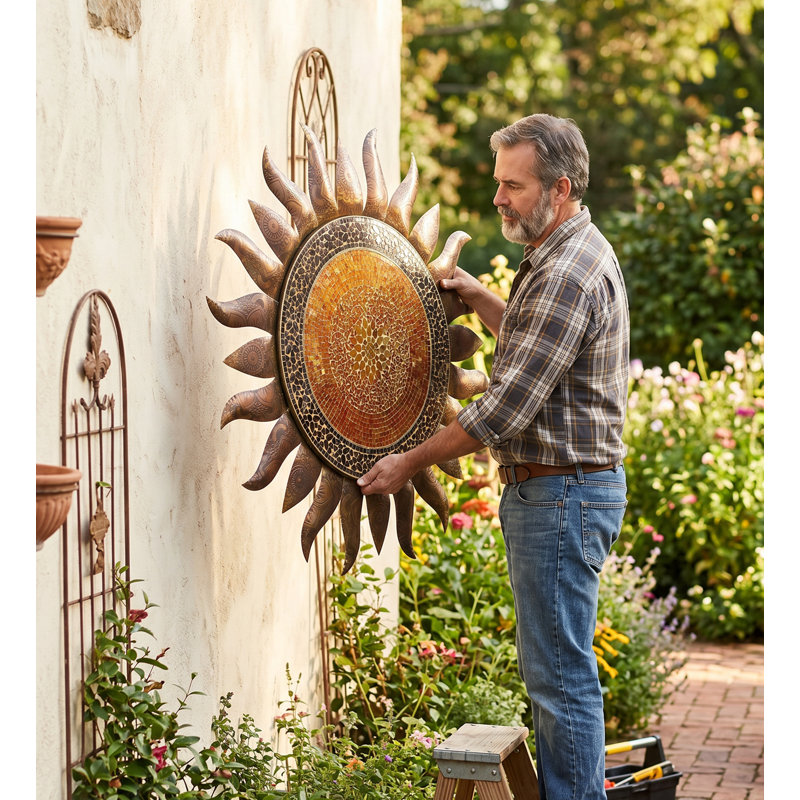 Décoration murale d'extérieur 36 pouces en métal avec finition multicolore résistante aux intempéries pour l'intérieur et l'extérieur - Doré
