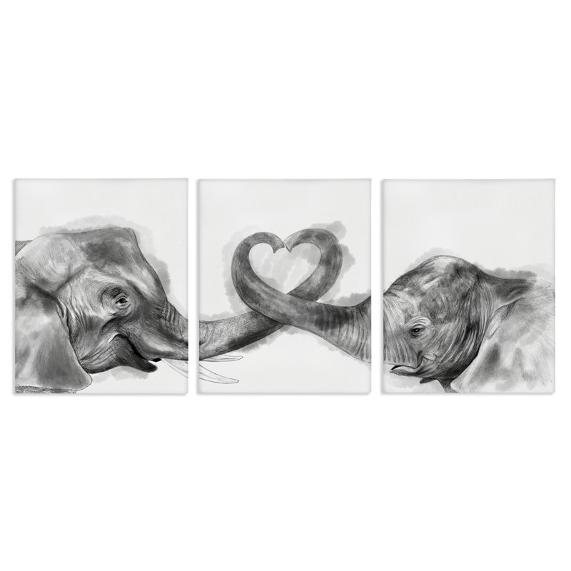 Ensemble de 3 toiles en forme d'éléphant en forme de cœur par Daphne Polselli, H 30 po x l 24 po
