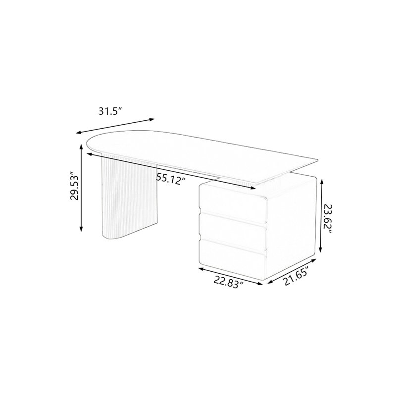 Bureau courbé blanc avec 3 tiroirs, H 29,53 po x l 55,12 po x P 31,5 po