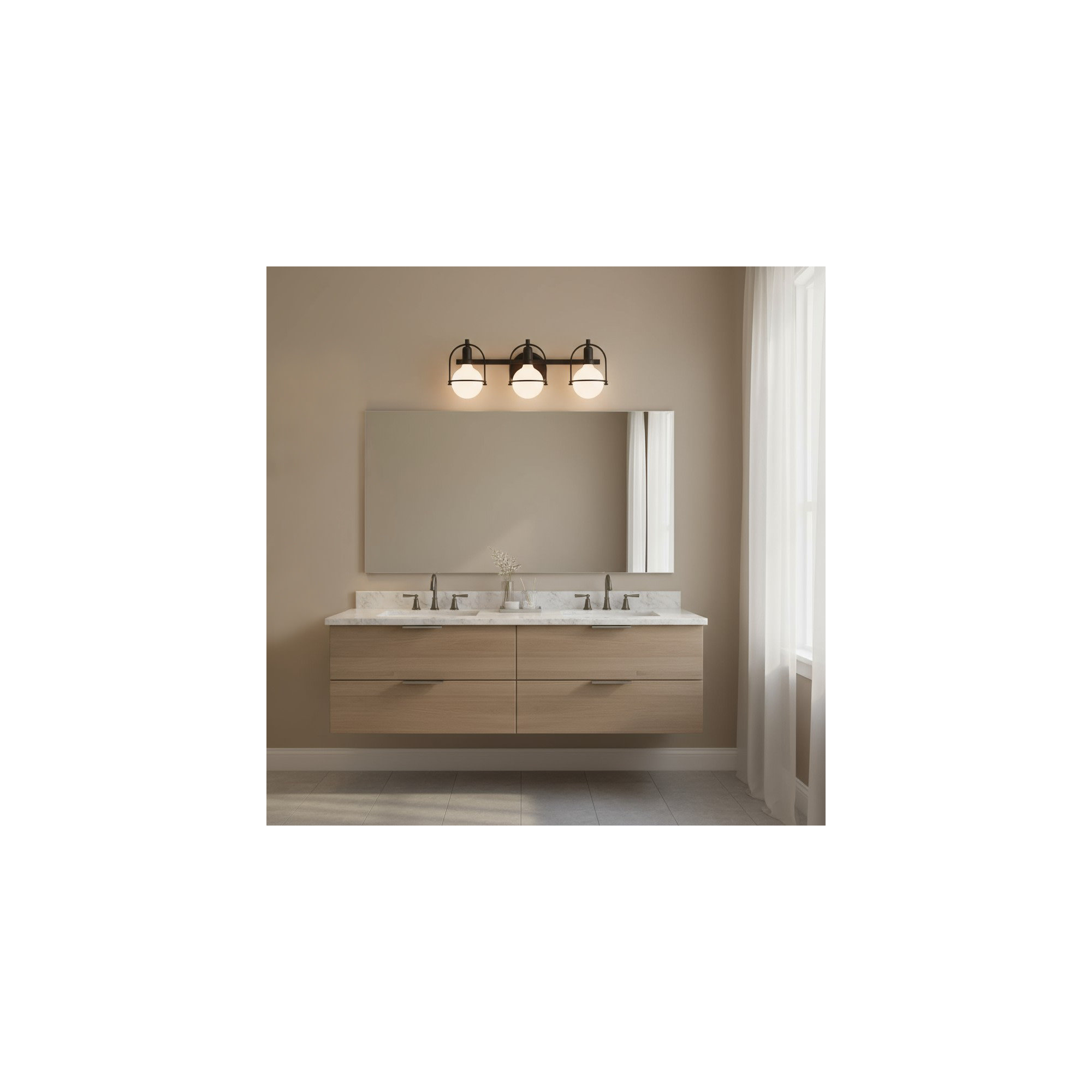 Damiana Bath Vanity Light - G40 Bulb in Photos (not included), Black, 3 Lights, 9" H x 25" W x 7.5" D