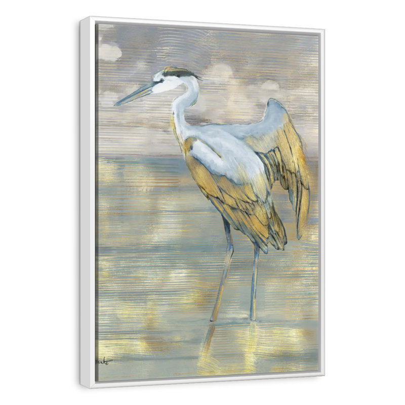 Golden Blue Heron, Floating Frame White, 13" x 19"