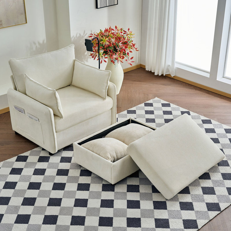 Méridienne surdimensionnée de 55 po pour l'intérieur avec repose-pieds et rangement, Beige