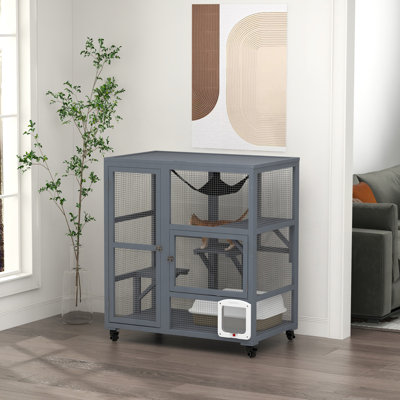 Cat House, Indoor Cat Enclosure On Wheels, Wooden Kitty Cage With Cat Flap Door, Platforms Hammock & Openable Top For 2 Cats, 39"