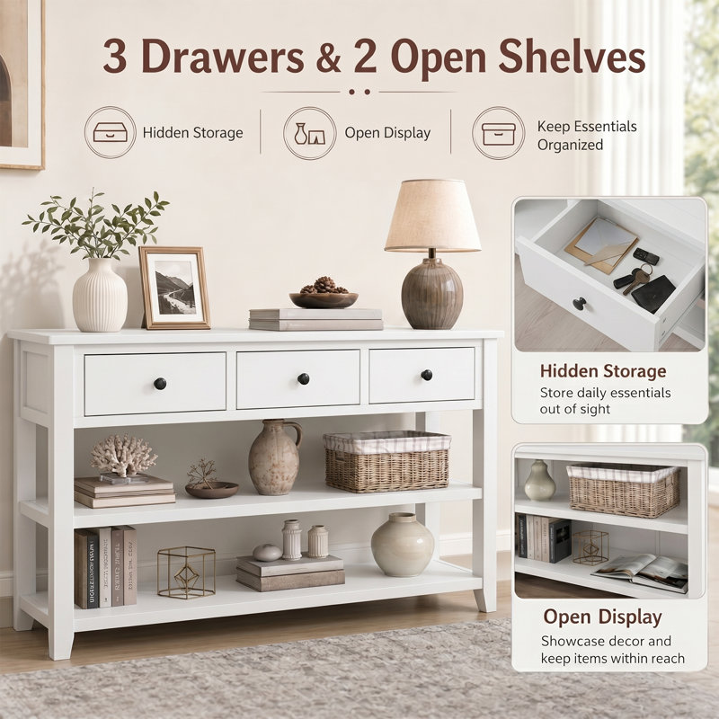 Cabras Console Table with Two Open Shelves, storage credenza, sideboards and buffets, Espresso Wood, Antique White