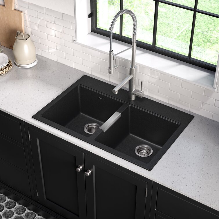 KRAUS 33 inch L Dual Mount 50/50 Double Bowl Granite Kitchen Sink w/ Top Mount and Undermount Installation in Black Onyx