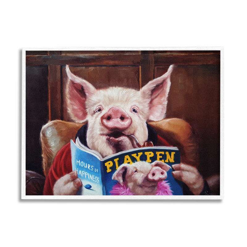 Drôle de cochon «Man Cave» - Peinture, H 24 po x l 30 po x P 1,5 po, Giclée encadrée blanc bord de mer