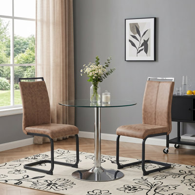 Modern Faux Leather Upholstered Dining Chairs Set of 2 with Chrome Base and Handles