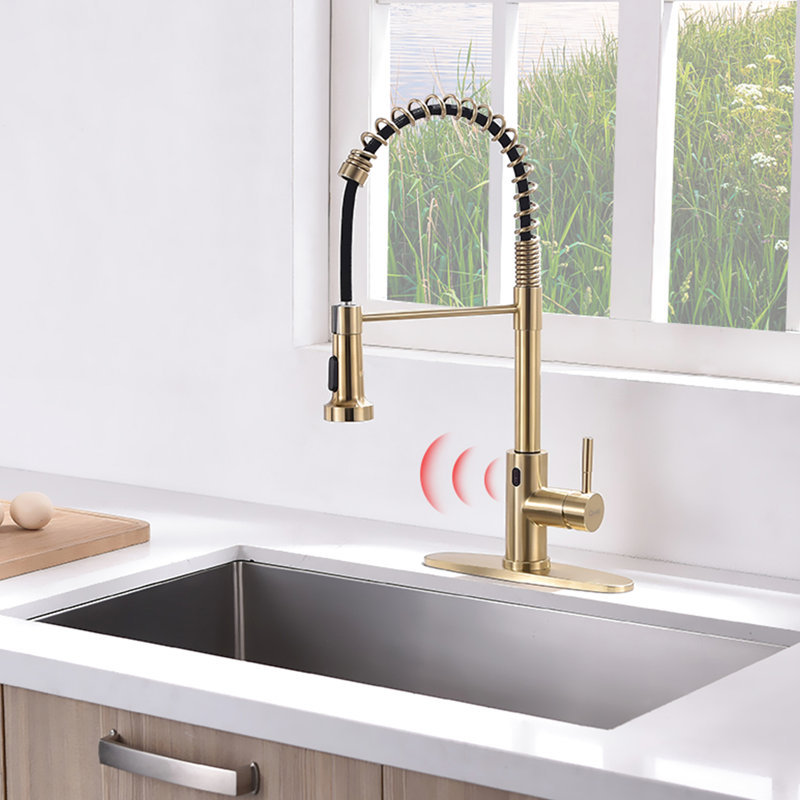 Brushed Gold Touchless Kitchen Faucet, Automatic Smart With Sensitive Response Motion Sensor And Pull Out Faucet Sensor, Hands Design For Modern Kitchens