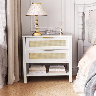 Table de chevet étroite en rotin avec 2 tiroirs et tablette de rangement Boho