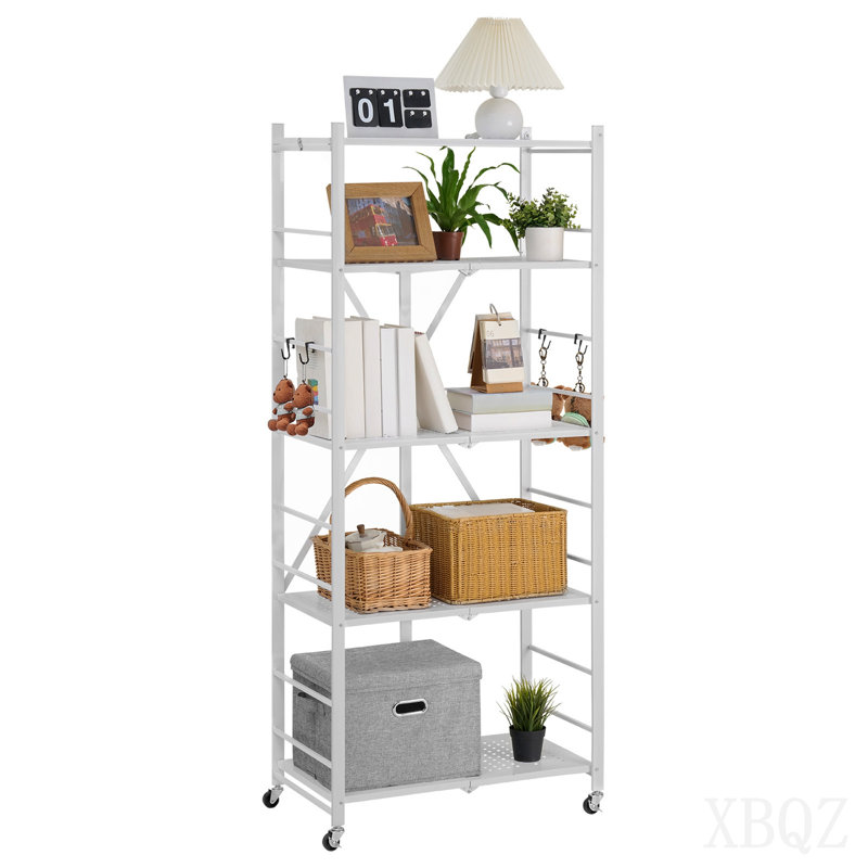 Folding Storage Shelf with Wheels 5-Tier Metal Shelving Unit White