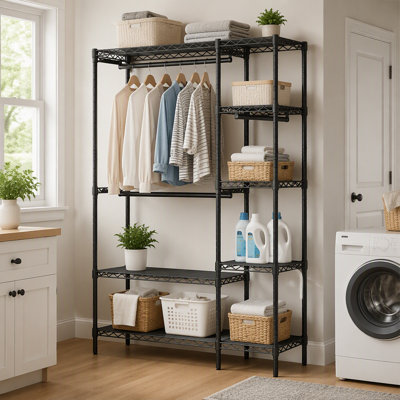76.43 in Heavy Duty Clothes Rack, Freestanding Metal Clothing Rack with Wire Shelves and Hanging Rods, Black