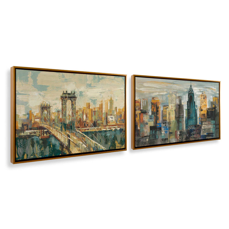 City Skylines, ensemble de 2 impressions, 36 po x 24 po, Toile avec cadre, Or poli