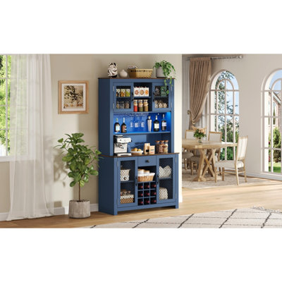 Rangement de cuisine 70,9 po bleu marine avec tablettes réglables, porte-bouteilles, verres à pied et porte à DEL pour garde-manger, espace pour 9 bouteilles